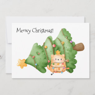 Tarjeta Festiva Gracioso gato Meowy Christmas Tree ilumina la acua