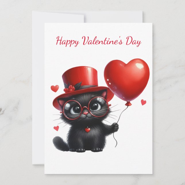 Tarjeta Festiva Gracioso gato negro con El día de San Valentín de  (Anverso)