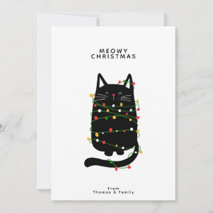 Tarjeta Festiva Gracioso Gato Negro Envuelto En Luz De Navidades