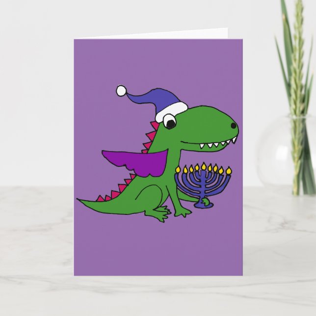 Tarjeta Festiva Gracioso Guay Dragon y Menorah Happy Hanukkah Art (Anverso)