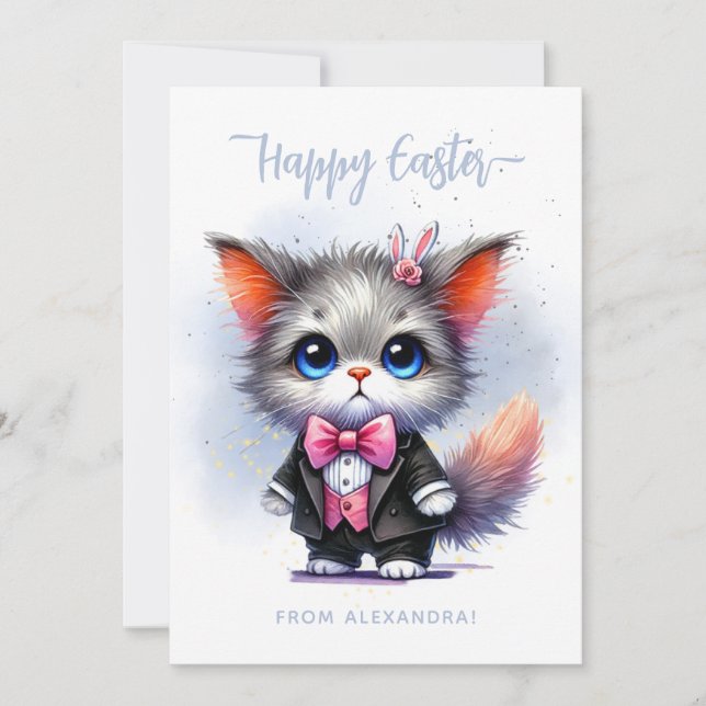 Tarjeta Festiva Gracioso Kitty en Tuxedo Feliz Pascua (Anverso)
