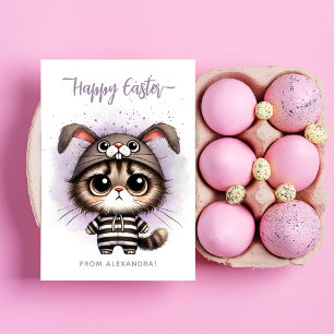 Tarjeta Festiva Gracioso lindo Kitty Bunny Ears Purple Feliz Pascu