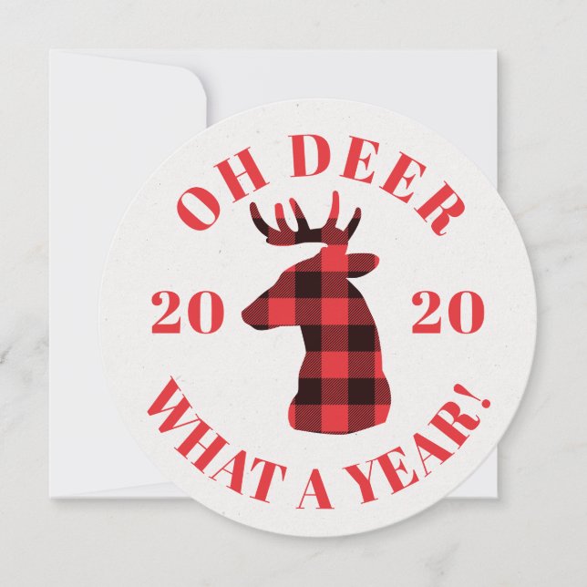 Tarjeta Festiva Gracioso Oh Deer 2020 Foto De Buffalo Plaid (Anverso)