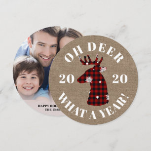 Tarjeta Festiva Gracioso Oh Deer 2020 Plaid Burlap Foto