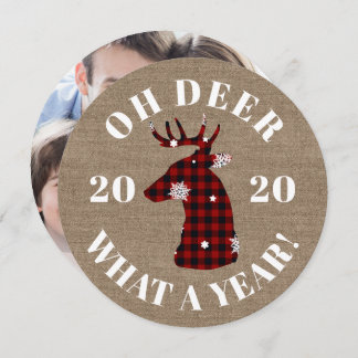 Tarjeta Festiva Gracioso Oh Deer 2020 Plaid Burlap Foto