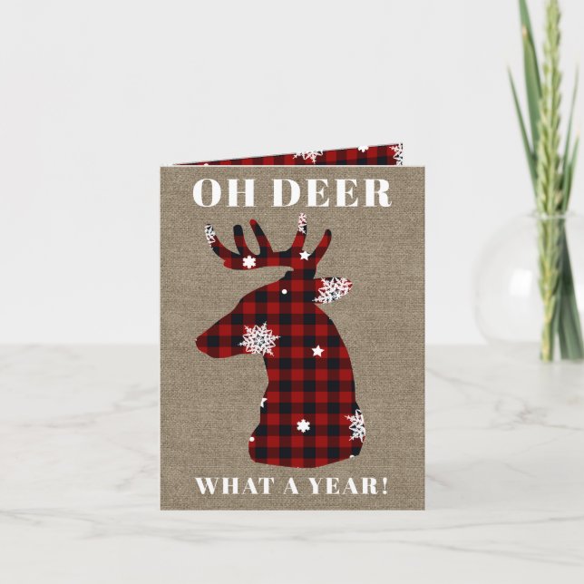 Tarjeta Festiva Gracioso Oh Deer Buffalo Plaid Burlap Navidades (Anverso)