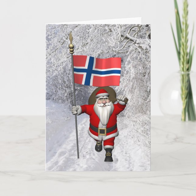 Tarjeta Festiva Gracioso Papá Noel Con Bandera De Noruega (Anverso)