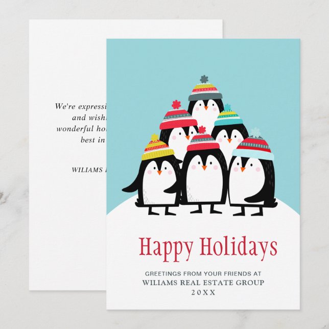 Tarjeta Festiva Gracioso Penguins Navidades Saludo Corporativo (Anverso / Reverso)