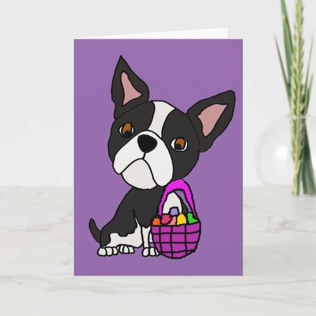 Tarjeta Festiva Gracioso perro de Boston Terrier con canasta de Pa (Anverso)