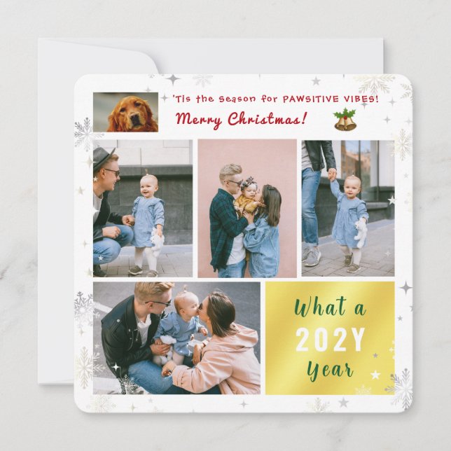 Tarjeta Festiva Gracioso perro gato visitante 5 fotos collage mode (Anverso)