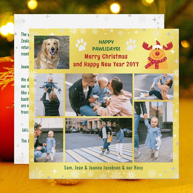 Tarjeta Festiva Gracioso perro Rudolph Felices Pawlidays Golden 7  (Funny Golden Happy Pawlidays Christmas Card. Dog Photo + Rudolph the Reindeer + 6 Family Photos Snow)