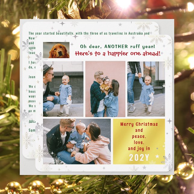 Tarjeta Festiva Gracioso Perro Ruff Year Peace Love Joy Cuta 5 Fot (Funny Dog Oh Dear Another Ruff Year 5 Photos Merry Christmas Peace Love Joy Cute Snow Elegant Modern)