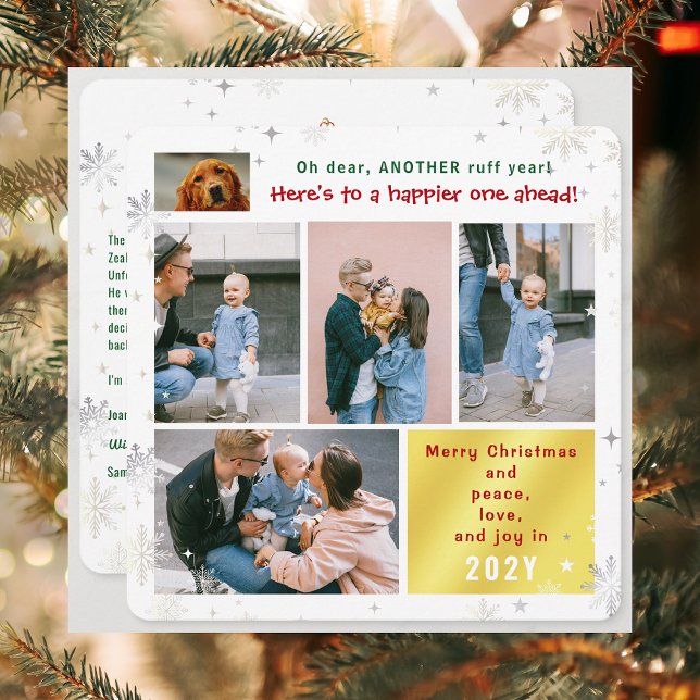 Tarjeta Festiva Gracioso Perro Ruff Year Peace Love Joy Cuta 5 Fot (Cute Funny Dog Oh Dear Ruff Year Merry Christmas 5 Photos Peace Love Joy Elegant Xmas Tree Letter)