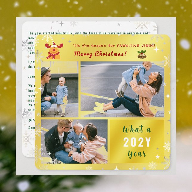 Tarjeta Festiva Gracioso Rudolph 3 Fotos Cute Elegante Moderno Oro (Elegant Golden Funny Pawsitive Vibes Rudolph Christmas Card 3 Photos What a Year Snowflakes Stars)