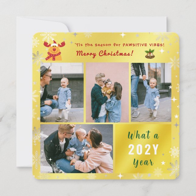 Tarjeta Festiva Gracioso Rudolph 4 Fotos Collage Cute Elegant Gold (Anverso)