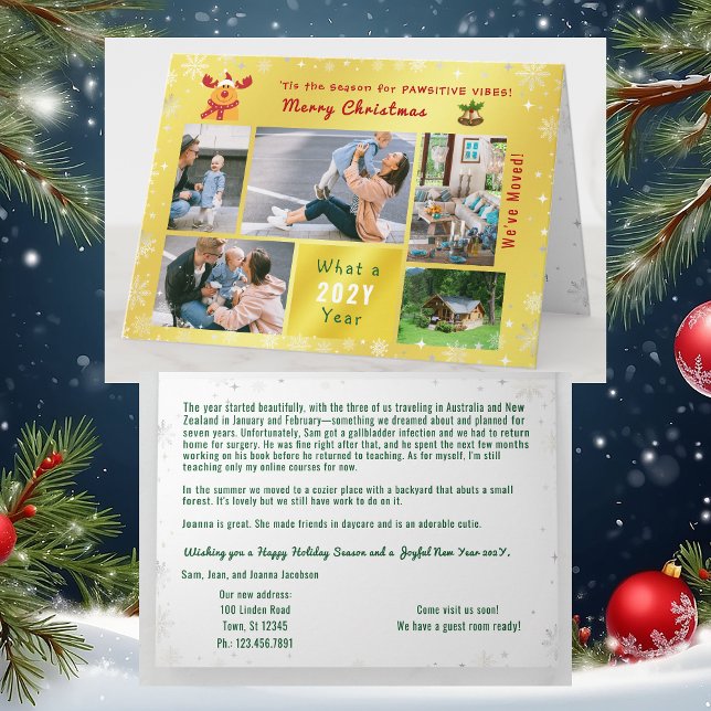 Tarjeta Festiva Gracioso Rudolph Hemos mudado 5 fotos Elegante Gol (Funny Rudolph Pawsitive Vibes We've Moved Christmas Card. 5 Photos. Elegant, golden. Festive Snow)