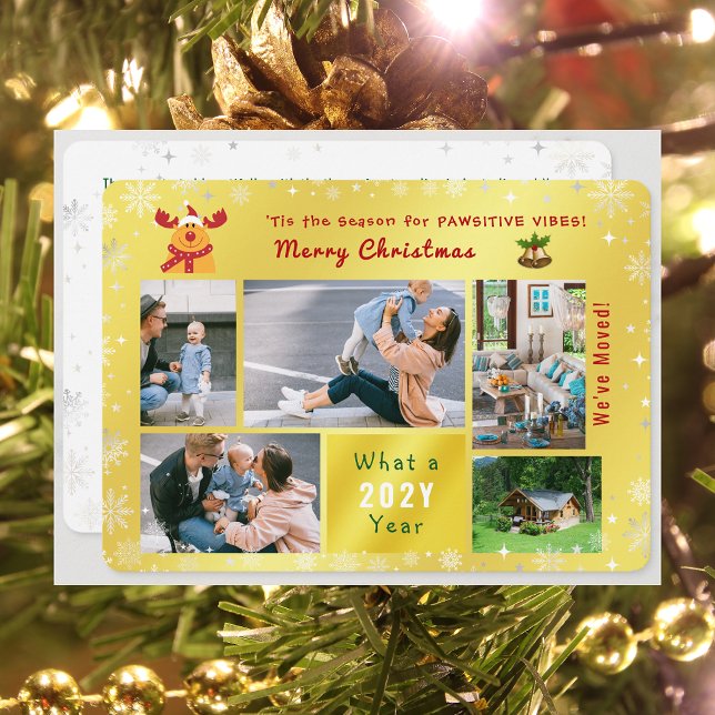 Tarjeta Festiva Gracioso Rudolph Hemos mudado 5 fotos Elegante Gol ('Tis the Season for Pawsitive Vibes. Funny Cute Golden Rudolph 5 Photos Christmas We've Moved Letter)