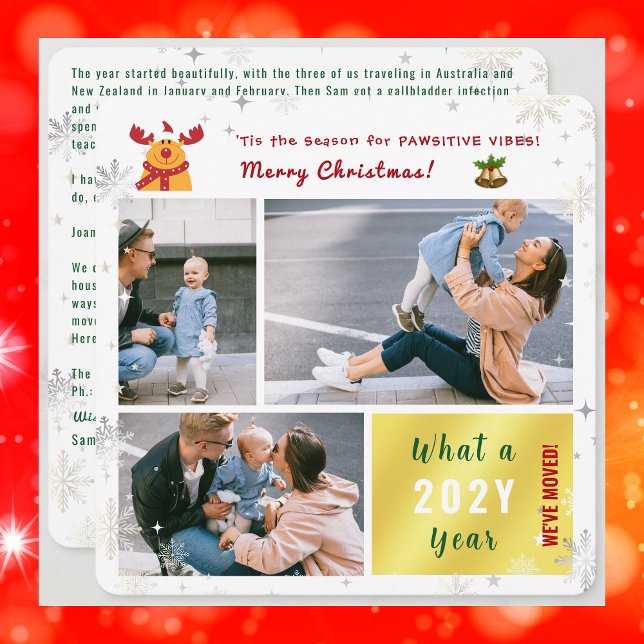 Tarjeta Festiva Gracioso Rudolph Nuevo hogar Cute moderno Golden 3 (Funny Rudolph Pawsitive Vibes Christmas card. 3 photos. We've moved. Letter. Elegant, modern. Snow)