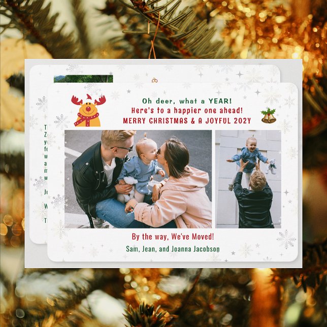 Tarjeta Festiva Gracioso Rudolph Oh Deer Hemos Mudado 3 Fotos Coll (Funny Rudolph Oh Deer What a Year Christmas New Year We've Moved 3 Photos Elegant Cute Modern Letter)