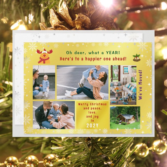 Tarjeta Festiva Gracioso Rudolph Oh Deer Hemos Mudado 5 Fotos Gold (Funny Cute We've Moved Christmas Card with Rudolph. Oh deer. 5 Photos. Peace Love Joy Elegant Golden)