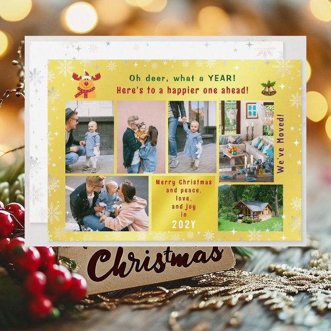 Tarjeta Festiva Gracioso Rudolph Oh Deer Hemos Mudado 6 Fotos Gold (Funny Cute We've Moved Christmas Card with Rudolph. Oh deer. 5 Photos Peace Love Joy Elegant Golden )
