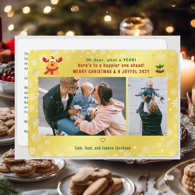 Tarjeta Festiva Gracioso Rudolph Oh Deer Merry Xmas 2 Fotos Golden (Cute Funny Modern Oh Deer What a Year Rudolph Snow Merry Xmas Joyful New Year 2 Photos Letter Golden)