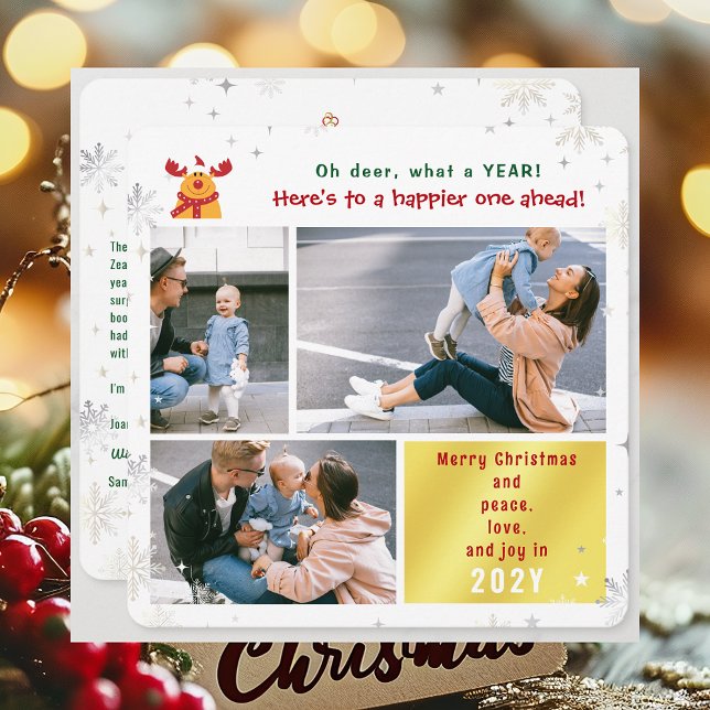 Tarjeta Festiva Gracioso Rudolph Oh Deer Peace Love Joy 3 Fotos Cu (Cute Funny Rudolph Oh Deer What a Year Merry Christmas 3 Photos Peace Love Joy Elegant Xmas Letter)