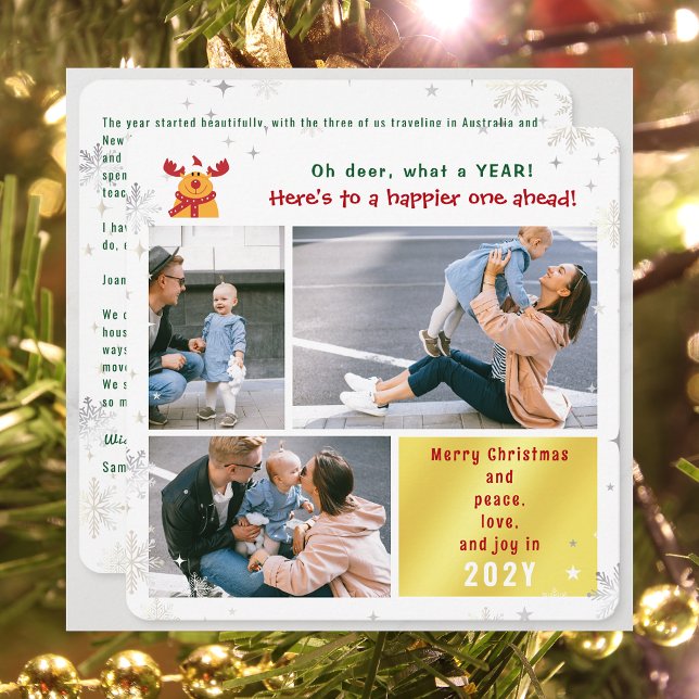 Tarjeta Festiva Gracioso Rudolph Oh Deer Peace Love Joy Cum 3 Foto (Funny Cute Rudolph Oh Deer What a Year Merry Christmas Happy New Year 3 Photos Letter Elegant Modern)