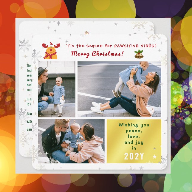 Tarjeta Festiva Gracioso Rudolph Peace Love Joy Cute Elegante 3 Fo (Elegant Cute Funny Pawsitive Vibes Rudolph Happy Holidays 3 Photos Peace Love Joy Snowflakes Letter)