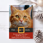 Tarjeta Festiva Gracioso Santa Cat más Purr Menos Su Foto<br><div class="desc">Graciosa tarjeta de vacaciones con temática de gato con las palabras "Querido Papá Noel, si hay más ronquido y menos suyo = MÁS NIP, estoy adentro". Agrega la foto de tu gato y tus nombres al personalizar. El reverso presenta un patrón de impresión de pata. Perfecto para el amante de...</div>