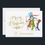 Tarjeta Festiva Gracioso Snowman Penguin Gold Purpurina Feliz Navi<br><div class="desc">Una acuarela única linda y divertida Snowman y Pinguin,  reno Rudolph y Snowman,  purpurina de oro falso ornamental con letras de mano "Feliz Navidad",  "La" caligrafía. Utilice la herramienta Personalize para agregar su información,  cambiar el mensaje. Más ideas en mi colección de Navidades únicos.</div>