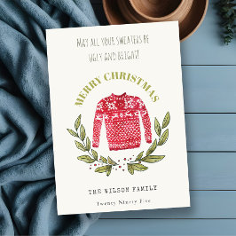 Tarjeta Festiva Gracioso y feo suéter de Navidades verdes rojos y 