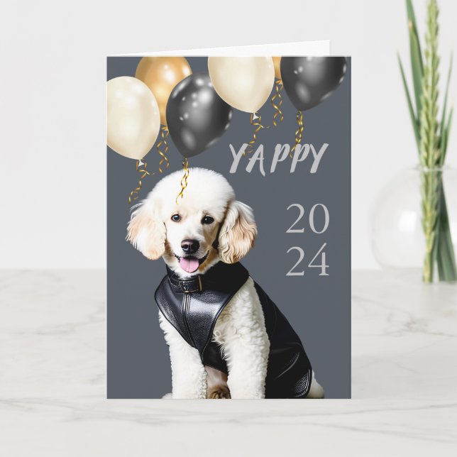 Tarjeta Festiva Gracioso Yappy White Poodle de Año Nuevo en cuero (Anverso)