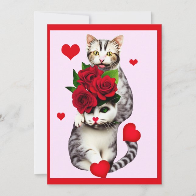 Tarjeta Festiva Graciosos gatos de San Valentín con rosas rojas (Anverso)