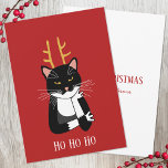 Tarjeta Festiva Graciosos Navidades gatos sarcásticos<br><div class="desc">Un gato gracioso y fastidiado con cuernos para levantar una sonrisa Navidad. Arte original de Nic Squirrell. Cambie el texto en la parte delantera y el mensaje y el nombre en la parte posterior para personalizar.</div>