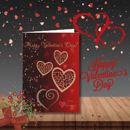 Tarjeta Festiva Gradiente Rojo con corazones dorados San Valentín