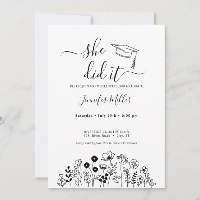 Tarjeta Festiva Graduación floral en blanco y negro (Anverso)
