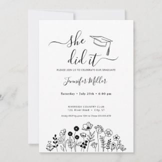 Tarjeta Festiva Graduación floral en blanco y negro