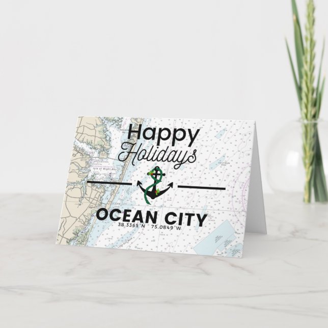 Tarjeta Festiva Gráfico de vacaciones felices - Ciudad oceánica (Anverso)