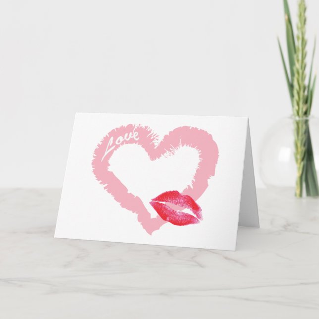 Tarjeta Festiva Gran corazón de amor rosado con labios (Anverso)