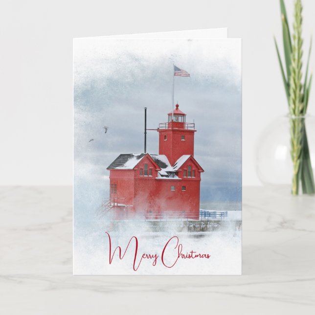 Tarjeta Festiva Gran Faro Rojo De Michigan navidades En Invierno (Anverso)
