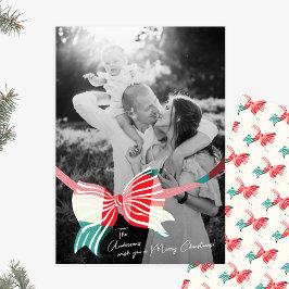 Tarjeta Festiva Gran Foto Verde Y Rojo Vesteado Atado Con Bow