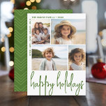 Tarjeta Festiva Gran guión verde oliva - 4 desvío de foto - Feliz<br><div class="desc">DISEÑO FRONTAL: Un collage de 4 fotos en una cuadrícula simple para resaltar muchas fotos del año pasado. La cuadrícula fotográfica está fuera del centro con los nombres de familia que rodean el collage como frontera. Un estilo moderno para una tarjeta de fotos de vacaciones con acentos de color verde...</div>