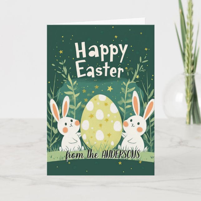 Tarjeta Festiva Gran huevo de Pascua y dos conejos verdes (Anverso)