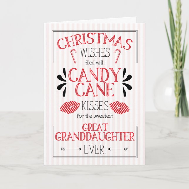 Tarjeta Festiva Gran nieta Candy Cane besa a Navidades (Anverso)