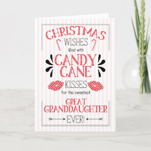 Tarjeta Festiva Gran nieta Candy Cane besa a Navidades