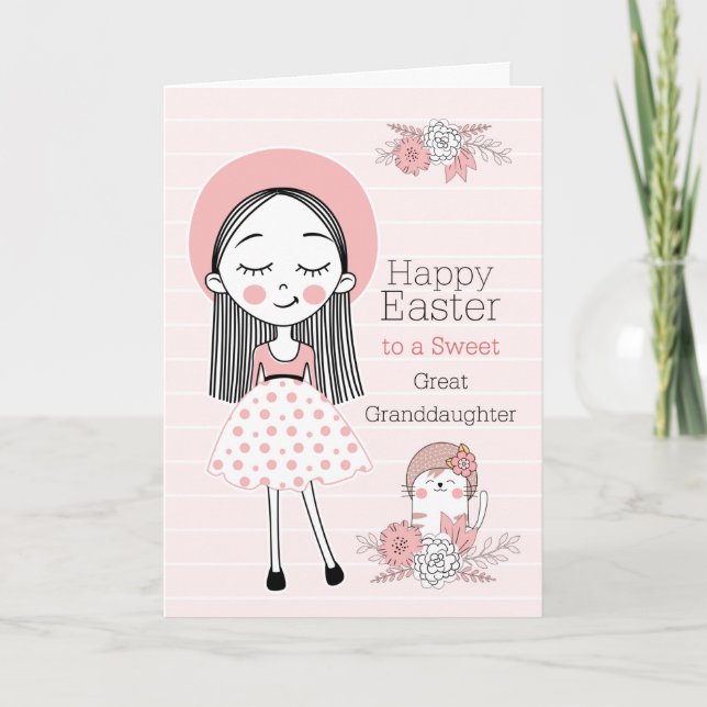 Tarjeta Festiva Gran nieta Chica y gato rosado Pascua negra (Anverso)