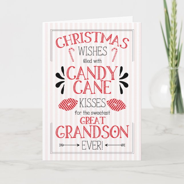 Tarjeta Festiva Gran nieto Candy Cane besa los deseos de los Navid (Anverso)