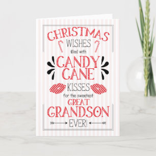 Tarjeta Festiva Gran nieto Candy Cane besa los deseos de los Navid