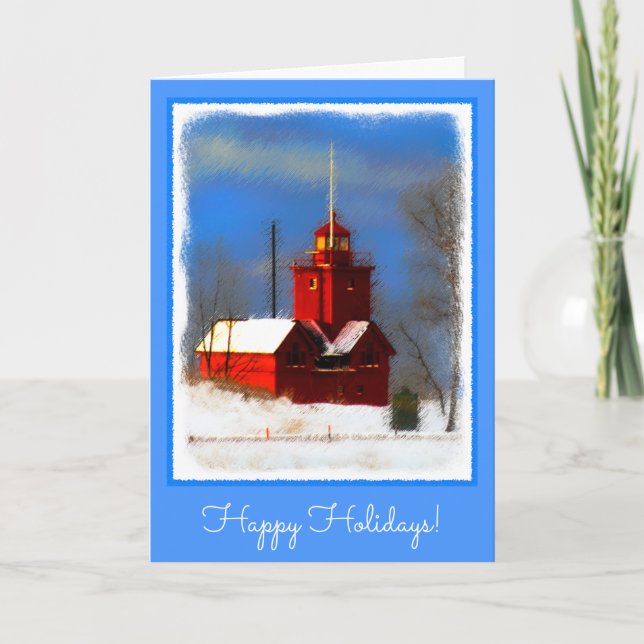 Tarjeta Festiva Gran pintura de faro rojo - Arte original (Anverso)